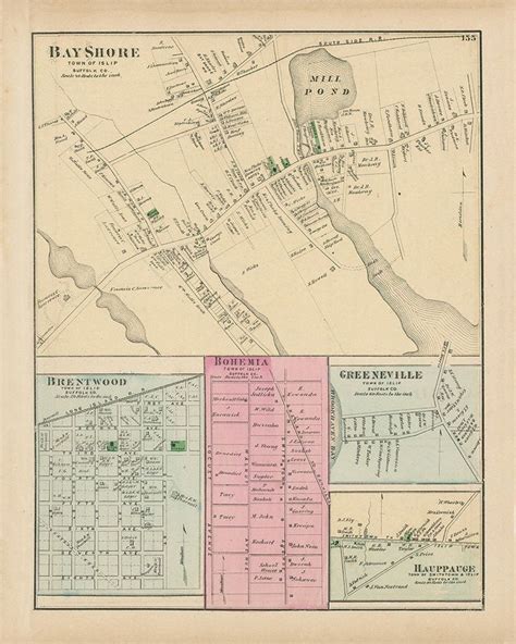 Bay Shore Village Islip New York 1873 Map Replica And Genuine