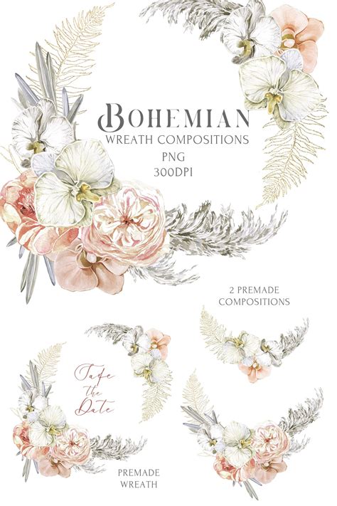 Bohemian Wreath Clipart Kit Watercolor Boho Frame Png Neutral Etsy