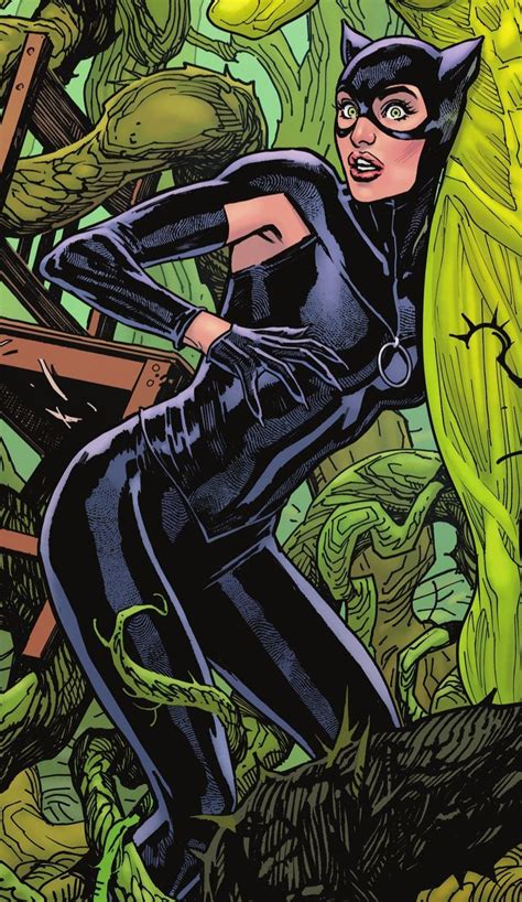 An Illustration Of A Woman In Black Catsuits And Green Leaves With Her