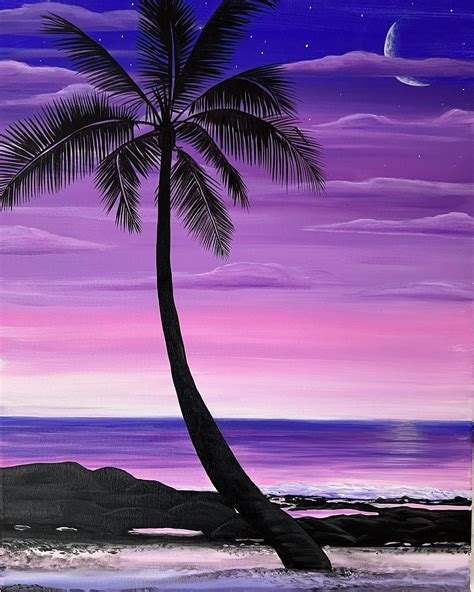 Tropical Palmtree Sunset Artwork Beautiful Purple Sunset Over A