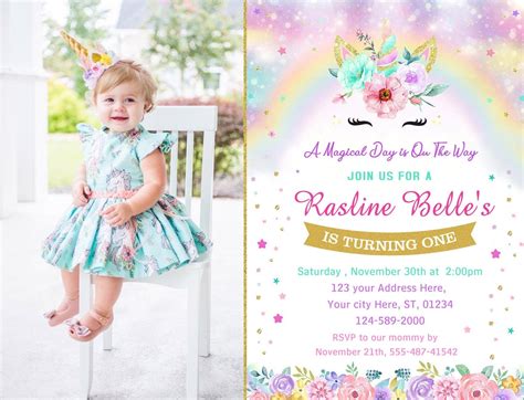 Rainbow Unicorn Themed First Birthday Party Girl Invitation