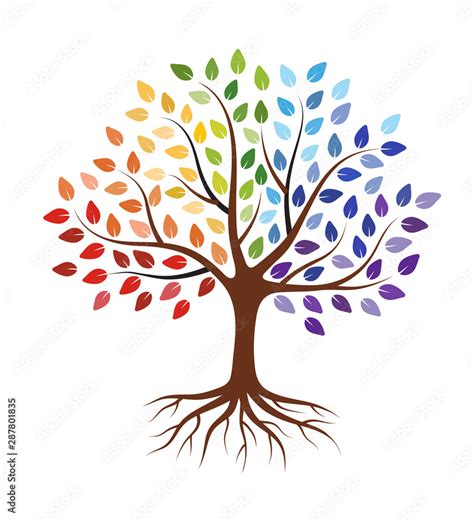 Abstract Tree With Roots And Colorful Leaves Isolated On White