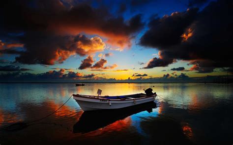Landscape Boat Water Sea Sunset Wallpapers Hd