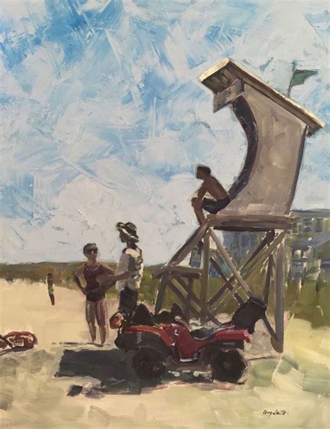 Original Oil Painting Of Lifeguards With Woman At Beach In