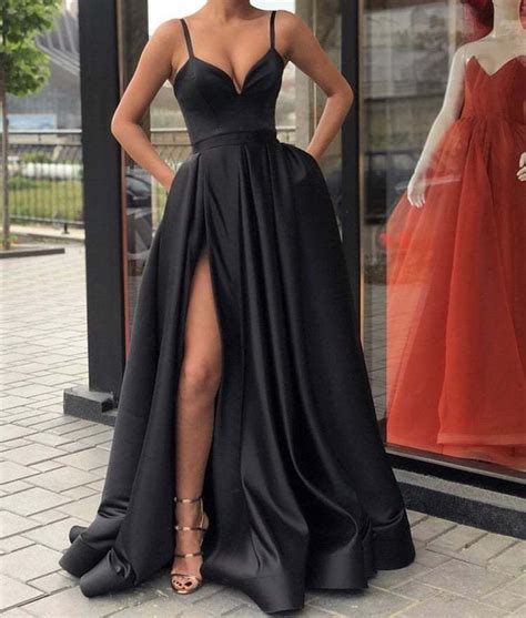 Black Evening Dresses Satin Long Split Evening Dresses A Line 2018 Prom Dress Prom Dresses