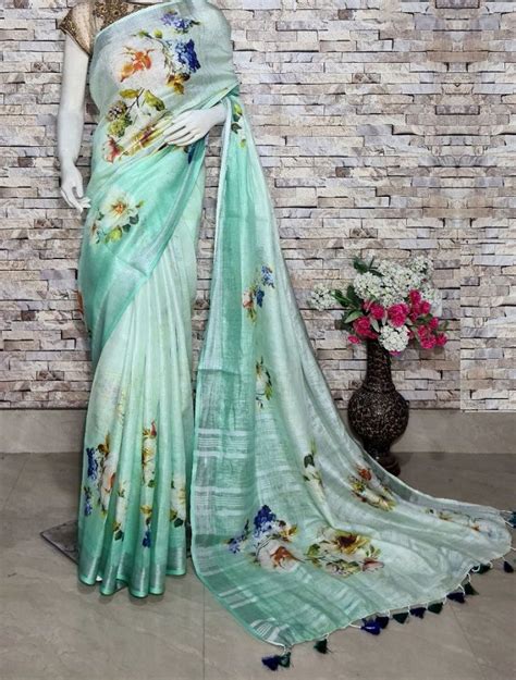 Twin Shade Sea Green Floral Design Digital Print Linen Saree Loomfolks