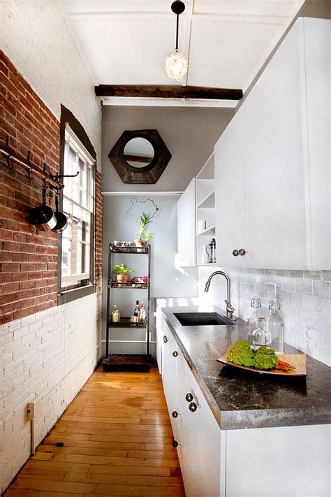 Narrow kitchen with exposed brick wall [Design: Landing Design] - Decoist