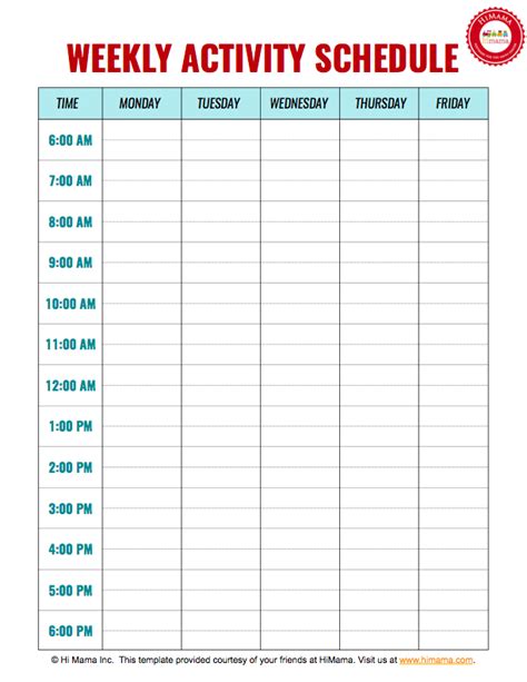 Daycare Weekly Schedule Template 5 Day Daily Schedule Calendar