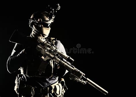 Army Marksman With Sniper Rifle In Darkness Stock Photo Image Of
