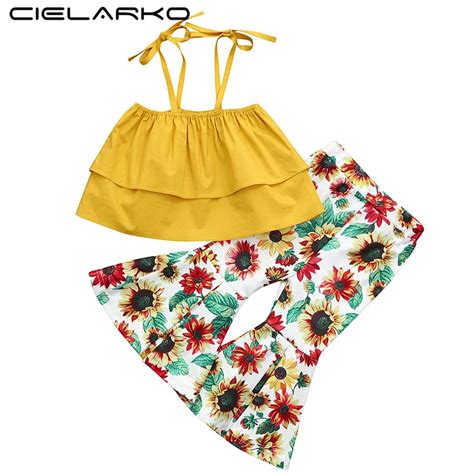 Cielarko Fashion Girls Clothing Set Summer Flower Print 2 Pcs Yellow