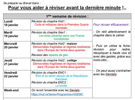 Planning Révisions Brevet Blanc Hgemc 2021