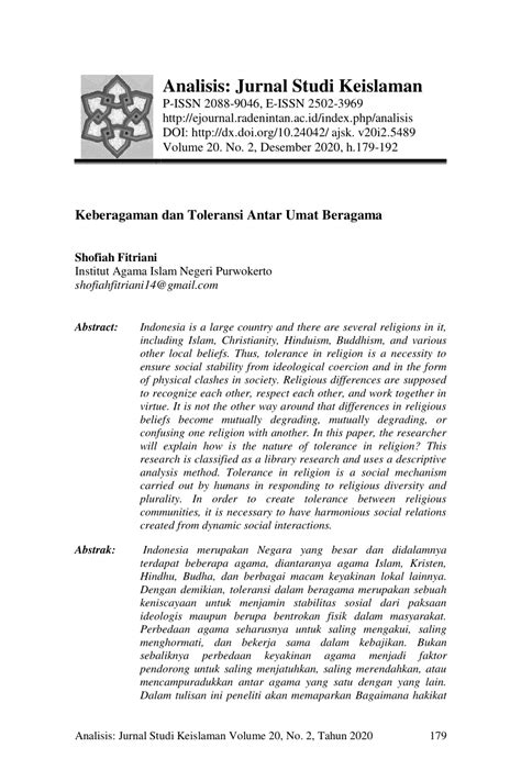 Pdf Keberagaman Dan Toleransi Antar Umat Beragama