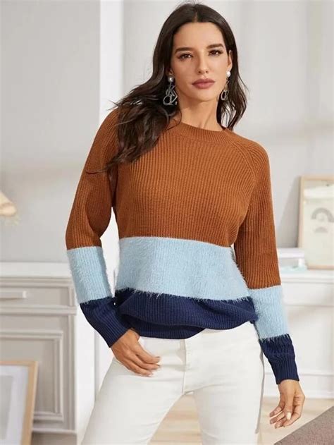 Raglan Sleeve Fluffy Panel Colorblock Sweater Sweaters For Women