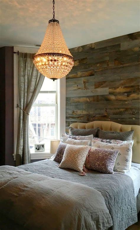 Tufted Headboard And Elegant Chandelier Rustic Bedroom Design Rustic