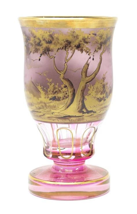 Moser Glass Gilded Chalices Each Having Thick Walls Pedestal Foot Beneath Paneled Trim