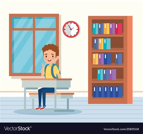 Boy Child In Classroom With Desk And Window Vector Image