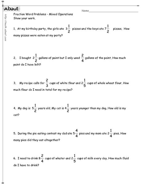 Solving Word Problems With Fractions And Mixed Numbers Worksheet
