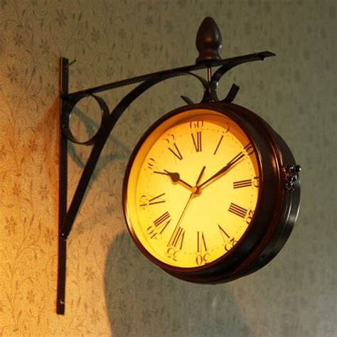 Vintage Decorative Double Sided Metal Wall Clock Antique Style Station