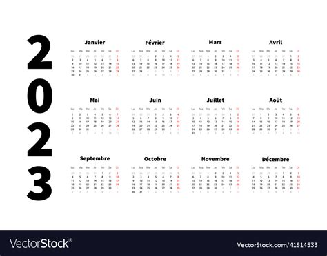 2023 Year Simple Horizontal Calendar In French Vector Image