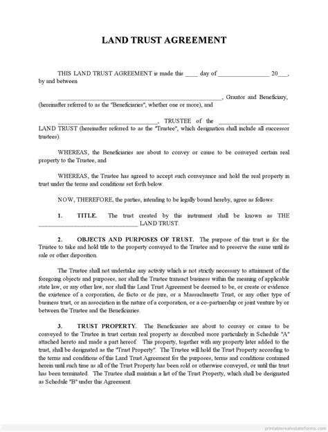 sample printable land trust agreement form printable