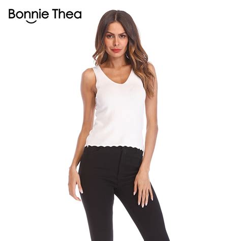 Bonnie Thea Sexy Women Tank Tops Summer Top Short Camis Solid Knitted