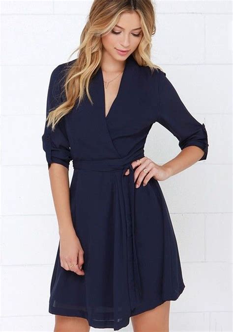 Navy Blue Plain Belt V Neck Half Sleeve High Waisted Sweet Casual Mini Dress Elegant Dresses