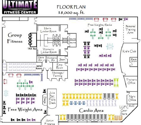 Ladies only fitness has designed the facility so that the child care center can be seen by anyone working the competitive advantage of ladies only fitness is the environment that is created in the facility. fitness center floor plan - Google Search | Fitness center ...