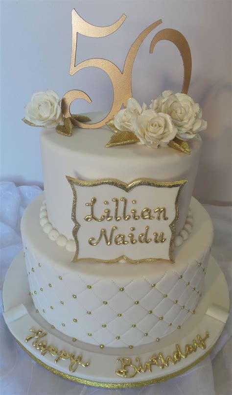 Elegant White And Gold 50th Two Tier Birthday Cake Tiered Birthday Cakes Birthday Cakes And