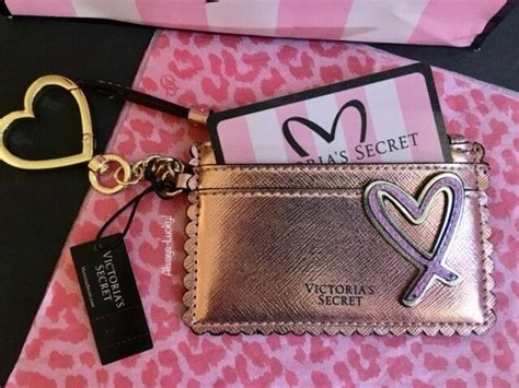 Victorias Secret Metallic Pink Heart Card Case Key Chain Wallet Coin