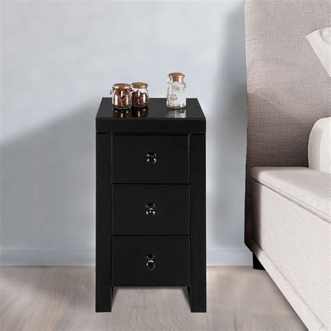 Nightstand Black Nightstand For Bedroom Mirrored Glass Bedside Table With Three Drawers End