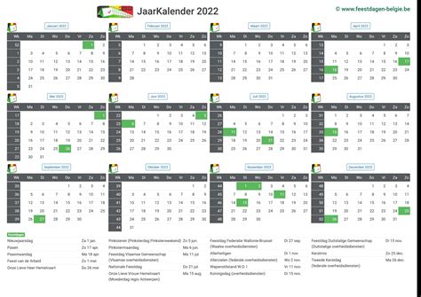 Kalender 2022 Jaarkalender België Verlengde Weekends Feestdagen
