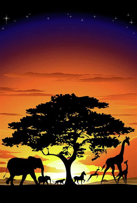 Wild Animals On African Savanna Sunset Digital Art By Bluedarkart Lem