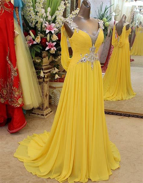 2016 Elegant Yellow Evening Dresses Rhinestone Backless Crystal Formal