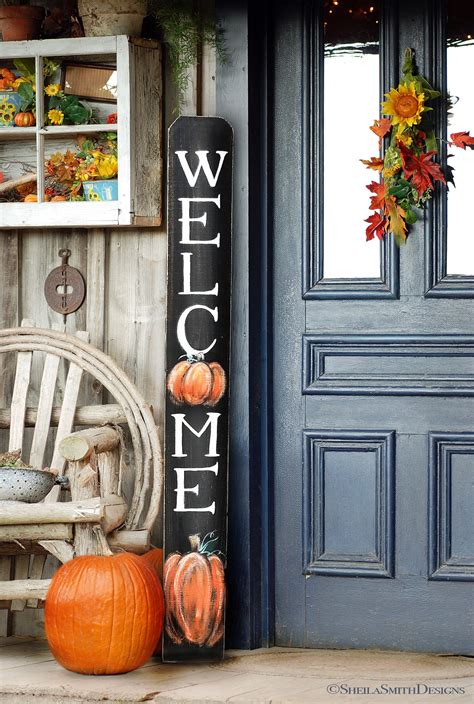 WELCOME SIGN, Rustic Pumpkin Wood Welcome Sign, Vertical front door welcome sign, autumn welcome 