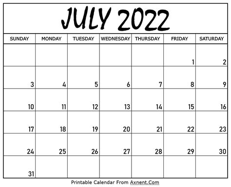 Printable July 2022 Calendar Template Print Now