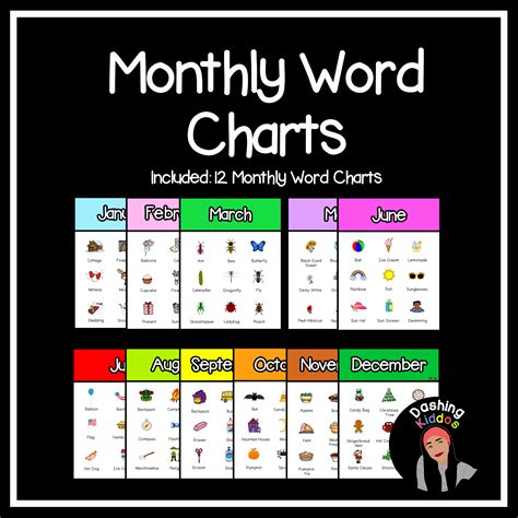 Included 12 Monthly Word Charts January Winter February Valentines