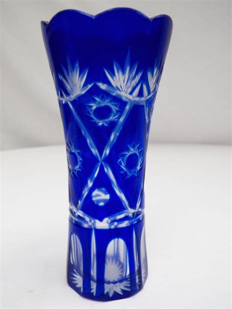 Brilliant Blue Cut To Clear Glass Vase By 1littletreasureshop