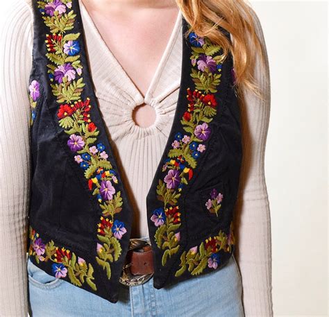Vintage Floral Embroidered Crop Hippie Bohemian Vest Womens Size S M