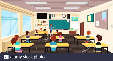There are many benefits to using classroom: Teacher at blackboard and children at school desks in ...