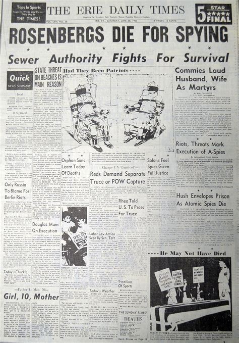 This 1953 Front Page Contains Coverage On The Executions Of Julius