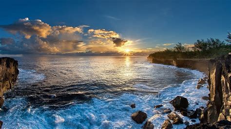 Nature Landscape Beach Sunrise Sea Coast Clouds Sun Rays Island Sky