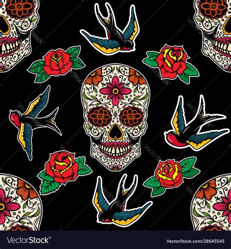 Seamless Pattern With Mexican Sugar Skulls Roses Vector Image