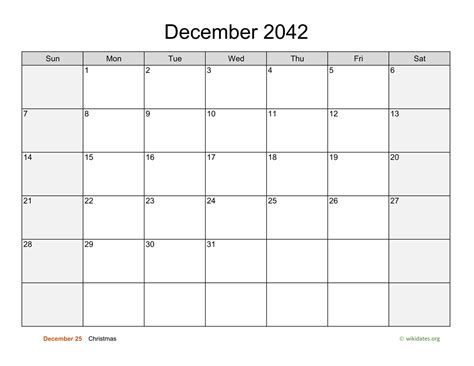 December 2042 Calendar With Weekend Shaded