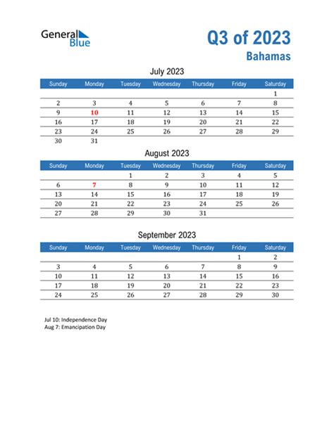 Q3 2023 Quarterly Calendar With Bahamas Holidays