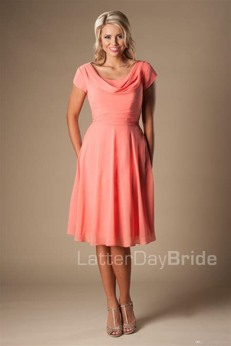 Coral Chiffon Short Modest Bridesmaid Dresses With Short Sleeves A Line Informal Maids Of Honor