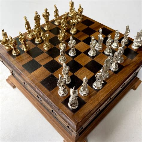 Puzzle Box Wooden Chess Set With Trojan War Metal Chess Pieces Etsy
