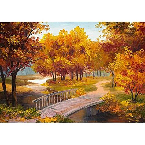 Oil Painting Autumn Forest With A River And Bridge Over The River
