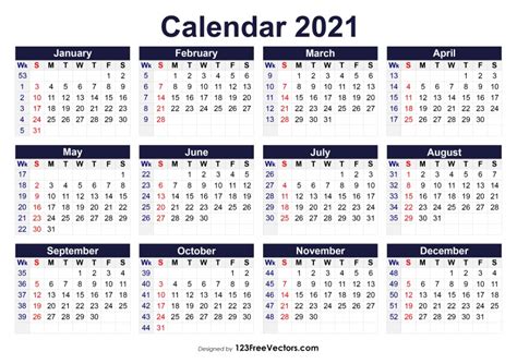 Free Printable 2021 Calendar With Week Numbers