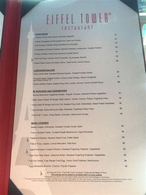 Menu At Eiffel Tower Restaurant Las Vegas S Las Vegas Blvd