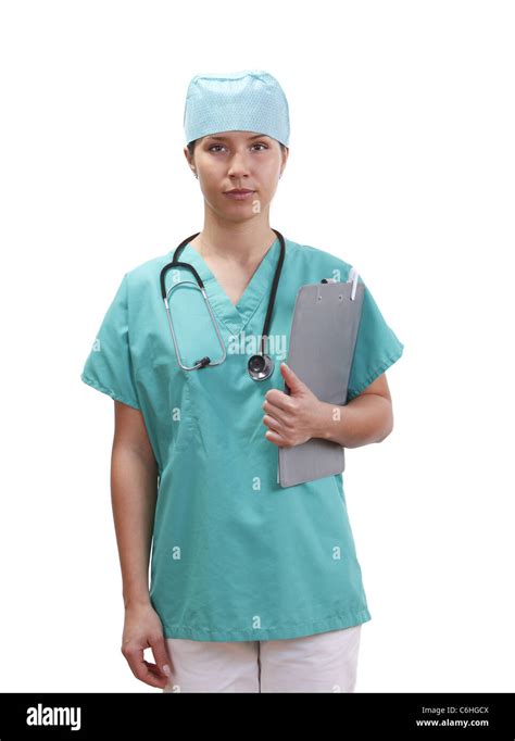 Nurse With Stethoscope And Notepad Isolated Against A White Background